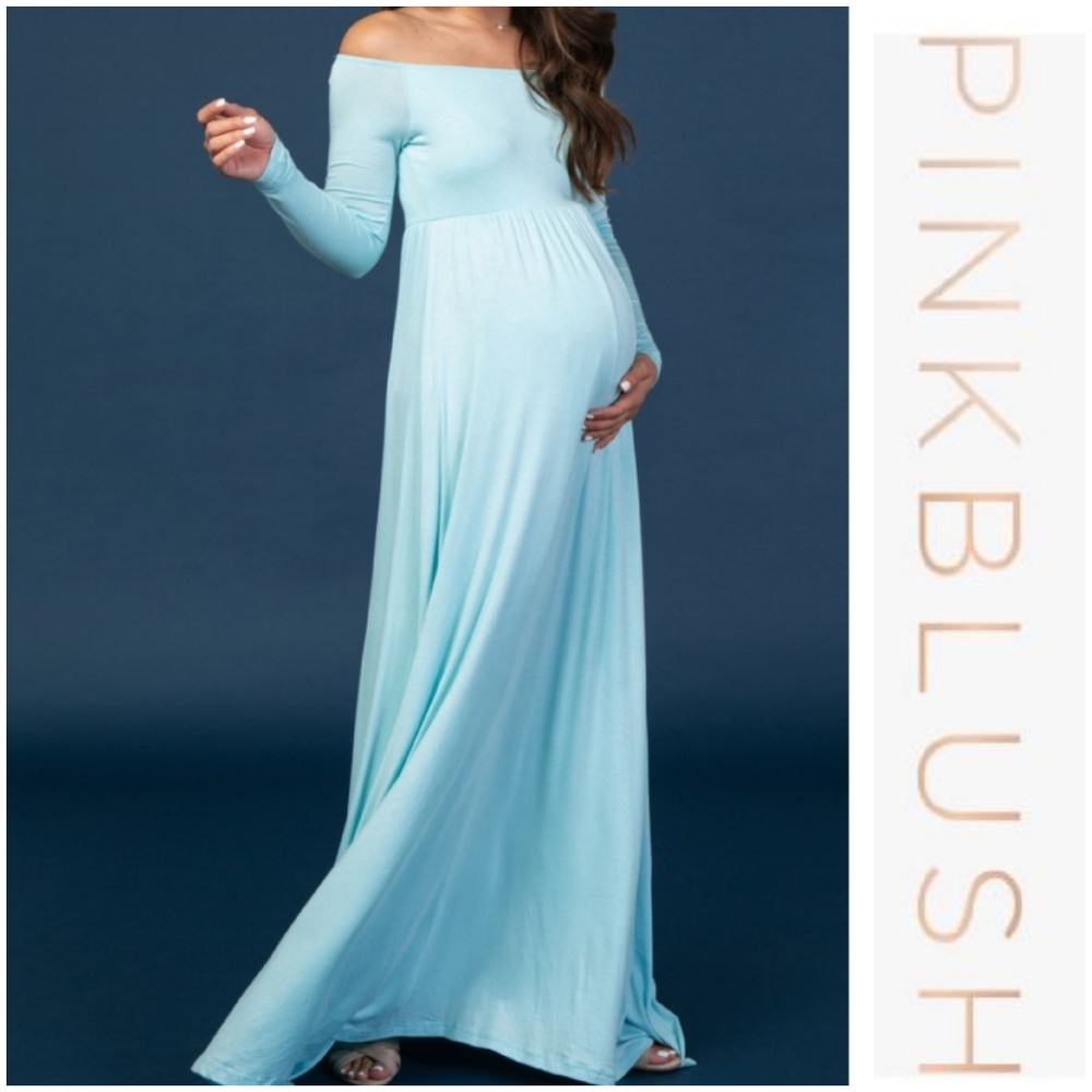 Pinkblush Solid Lt.Blue Off Shoulder Maxi Dress - Picture 1 of 6